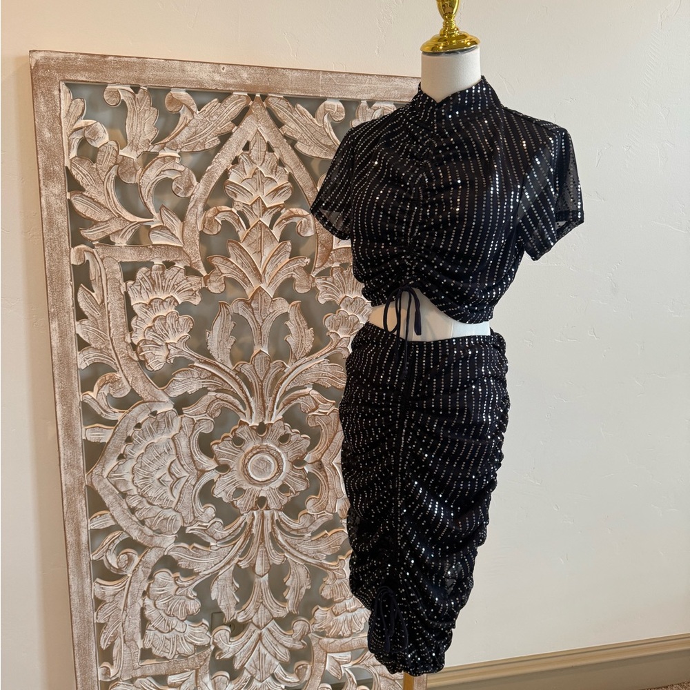 Navy Blue Sequin Ruched Skirt & Crop Top Set – Glam & Sparkly